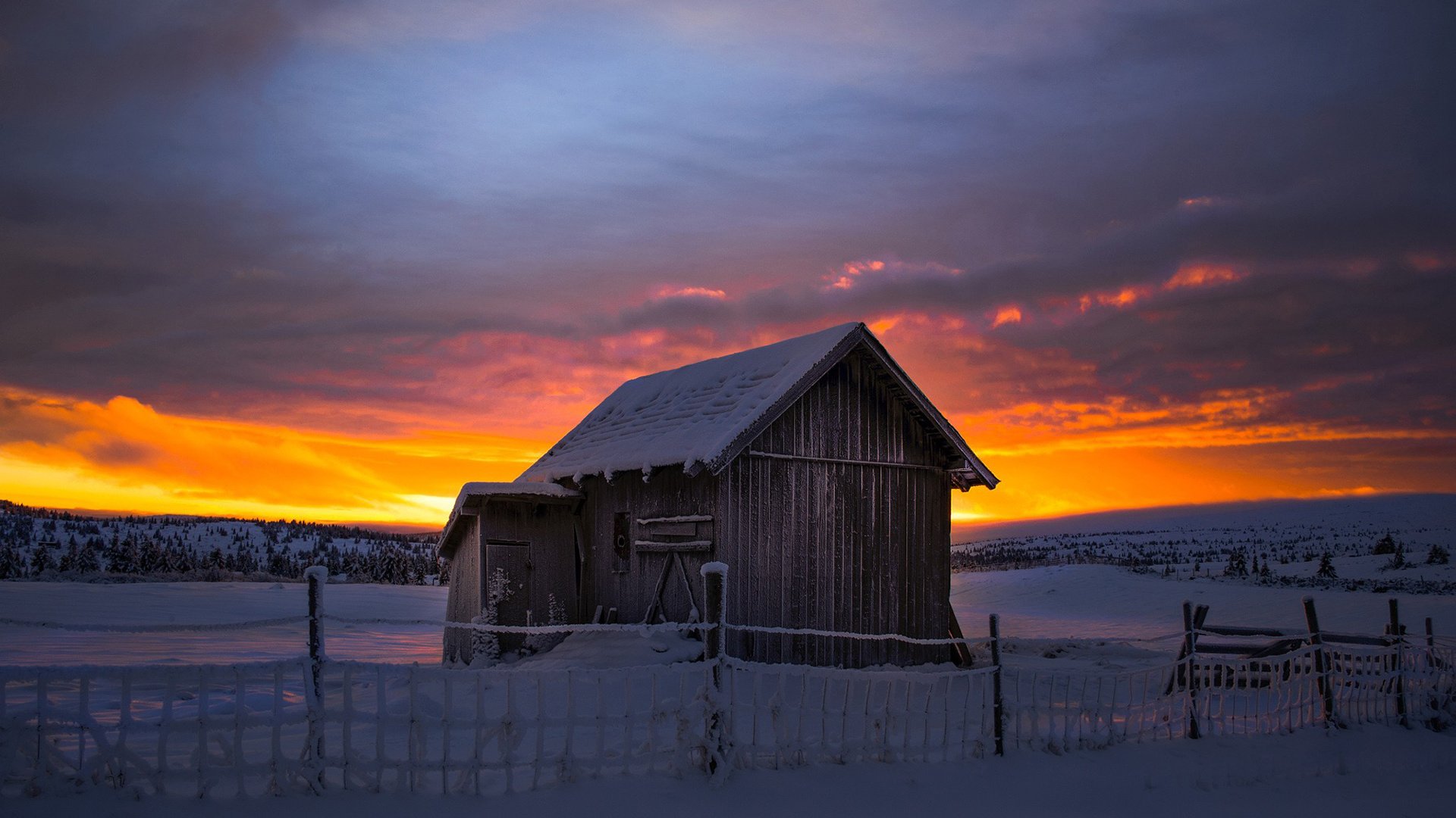 Обои природа, закат, зима, пейзаж, домик, nature, sunset, winter, landscape, house разрешение 1920x1200 Загрузить