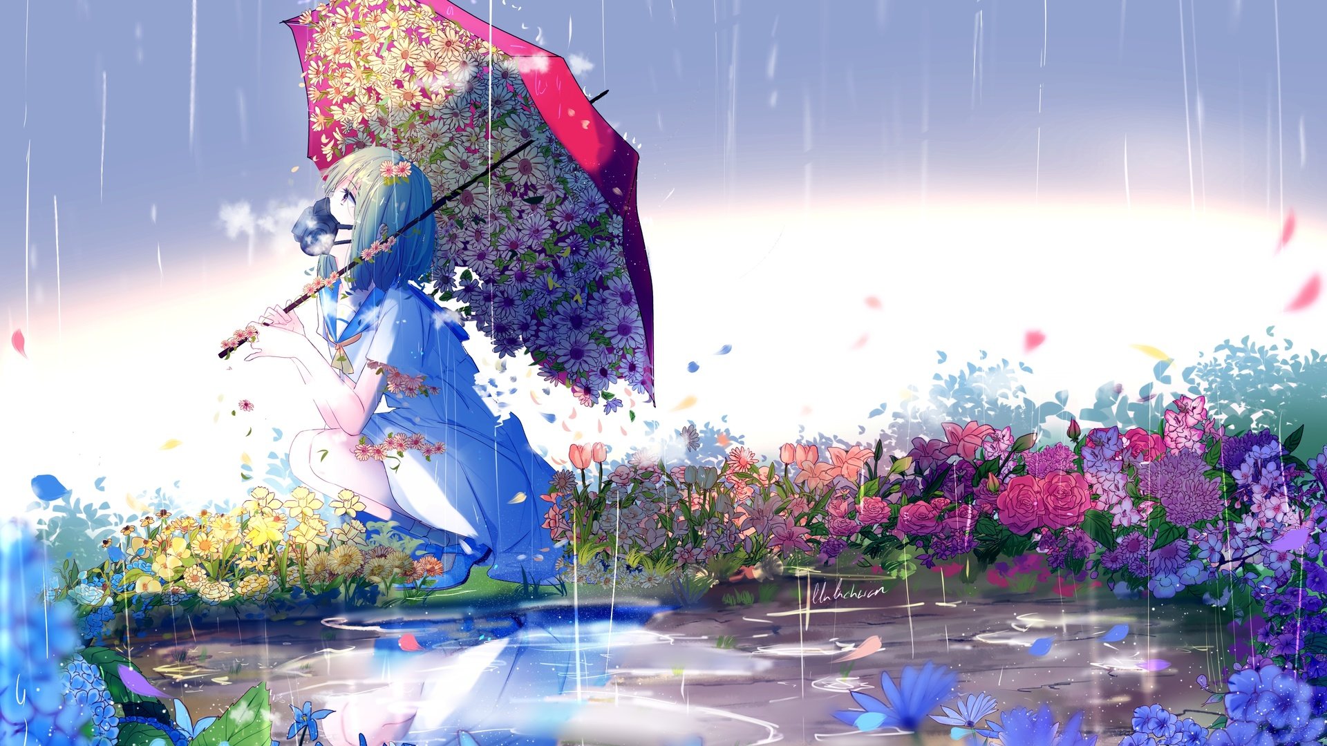 Обои цветы, девушка, аниме, дождь, зонтик, противогаз, flowers, girl, anime, rain, umbrella, gas mask разрешение 3507x2480 Загрузить