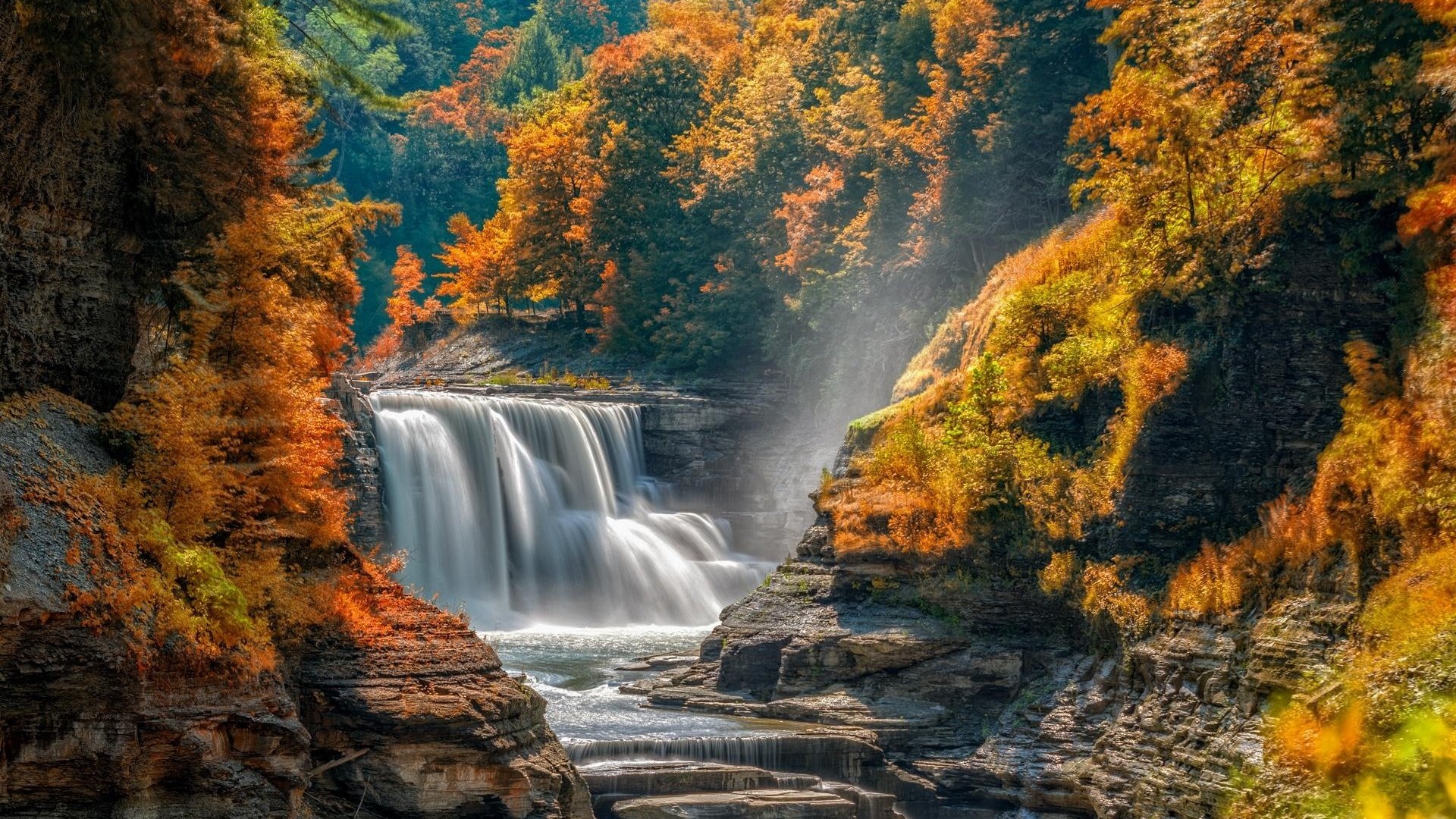 Обои деревья, река, скалы, природа, камни, пейзаж, водопад, осень, trees, river, rocks, nature, stones, landscape, waterfall, autumn разрешение 1920x1280 Загрузить