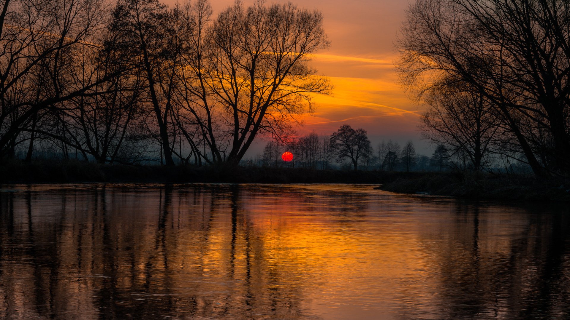 Обои деревья, река, природа, закат, отражение, trees, river, nature, sunset, reflection разрешение 2048x1356 Загрузить