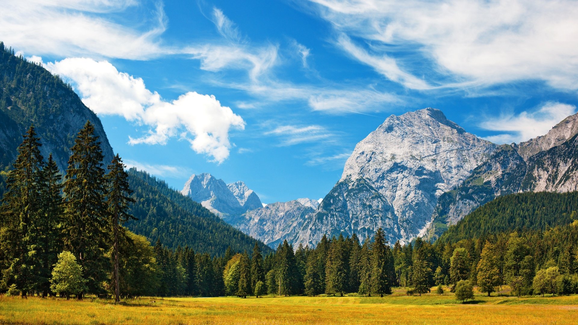 Обои небо, трава, облака, деревья, горы, поле, баварские альпы, the sky, grass, clouds, trees, mountains, field, the bavarian alps разрешение 4100x2733 Загрузить