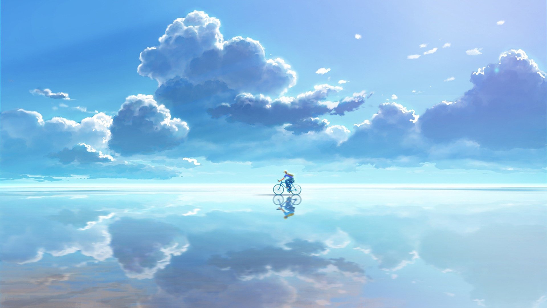 Обои небо, облака, вода, отражение, вектор, графика, велосипедист, the sky, clouds, water, reflection, vector, graphics, cyclist разрешение 1920x1200 Загрузить