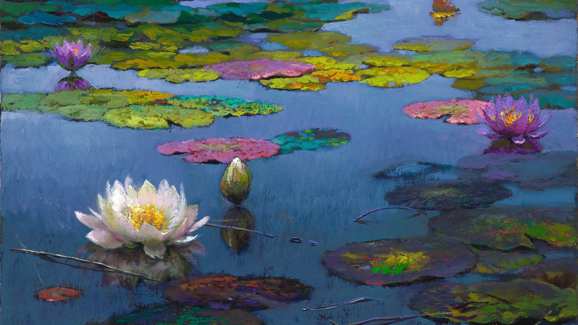 Обои цветы, арт, пейзаж, пруд, живопись, лотосы, flowers, art, landscape, pond, painting, lotus разрешение 1920x1200 Загрузить
