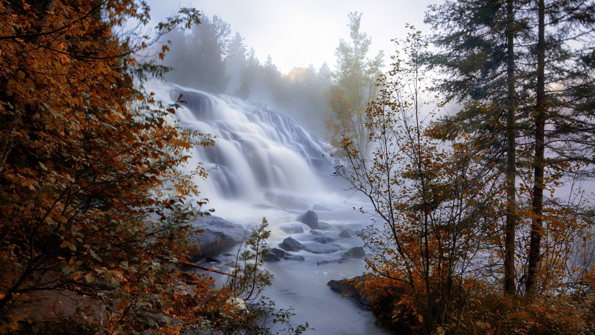 Обои деревья, река, туман, ветки, водопад, осень, trees, river, fog, branches, waterfall, autumn разрешение 2048x1358 Загрузить