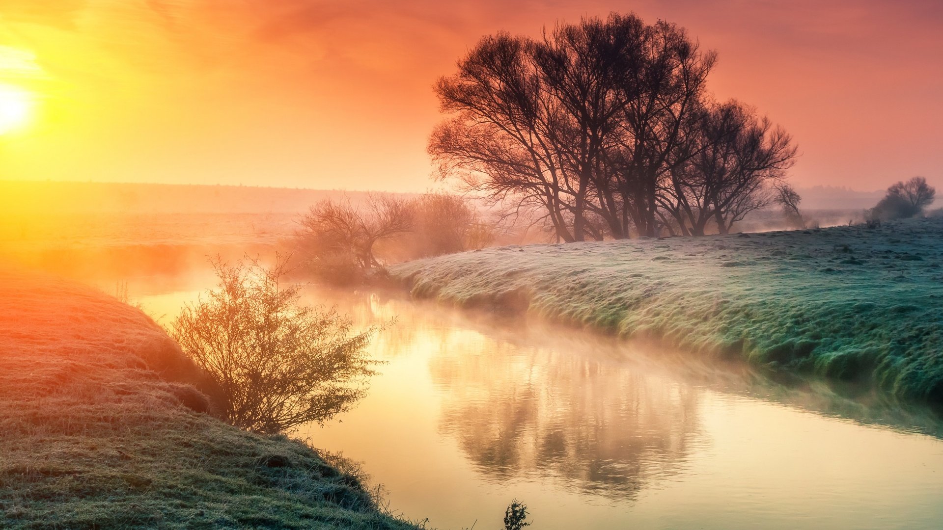 Обои деревья, река, солнце, природа, пейзаж, утро, рассвет, trees, river, the sun, nature, landscape, morning, dawn разрешение 2880x1800 Загрузить