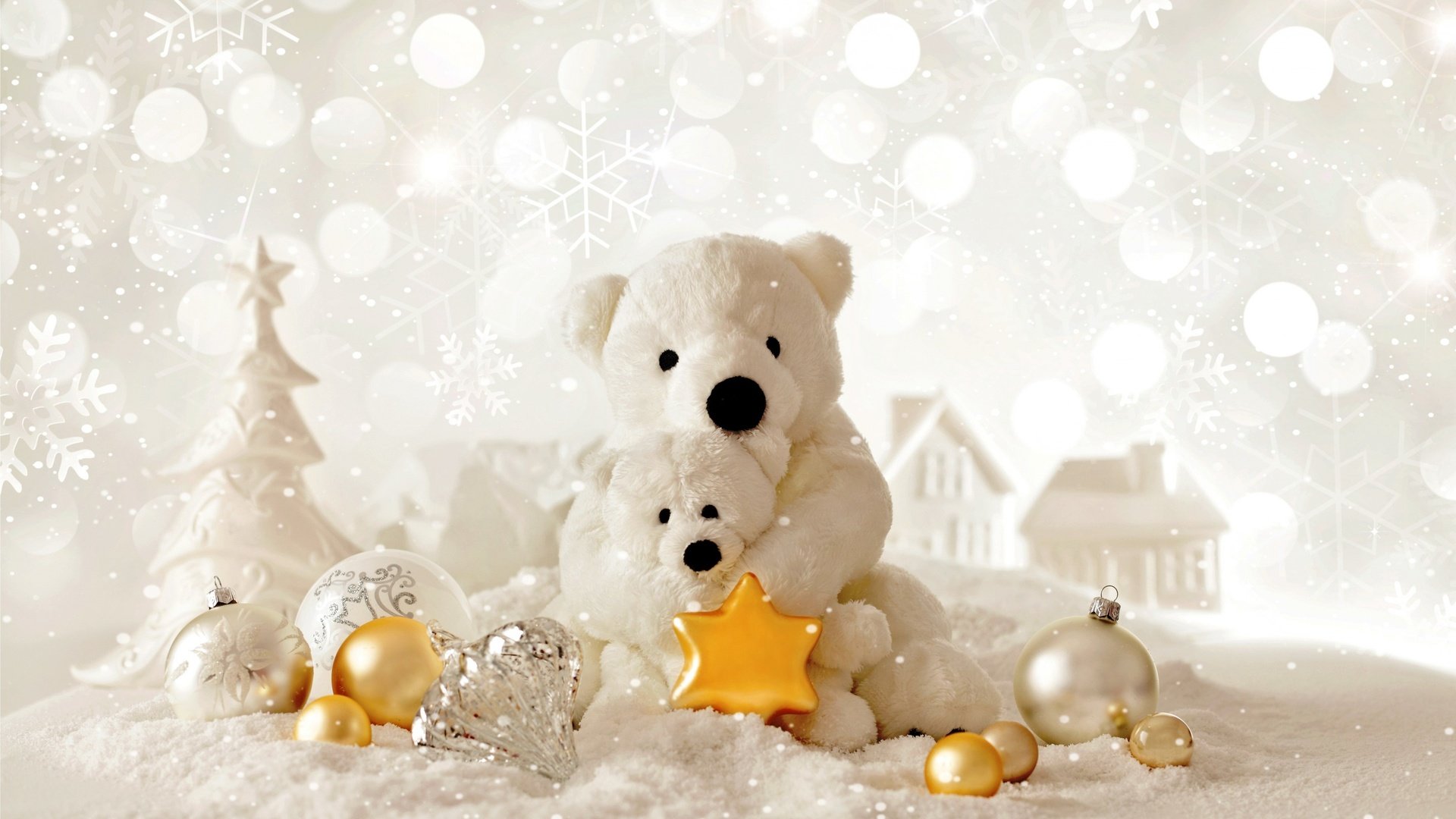 Обои снег, рождество, новый год, елочные игрушки, елка, медведи, звездочка, зима, домики, мишки, шарики, игрушки, snow, christmas, new year, christmas decorations, tree, asterisk, winter, houses, bears, balls, toys разрешение 2880x1800 Загрузить