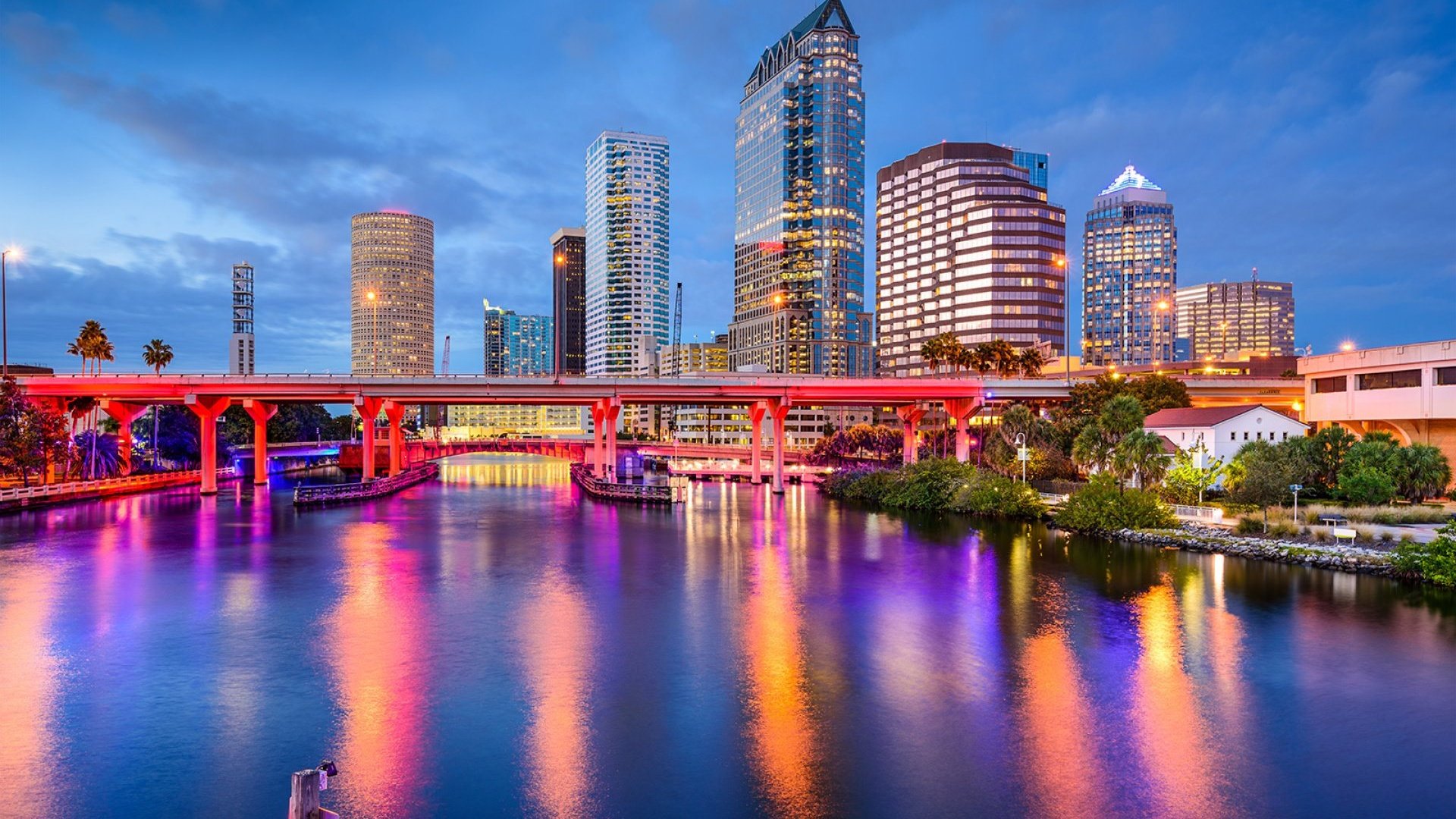 Обои ночь, огни, мост, город, сша, штат флорида, тампа, night, lights, bridge, the city, usa, florida, tampa разрешение 1920x1200 Загрузить