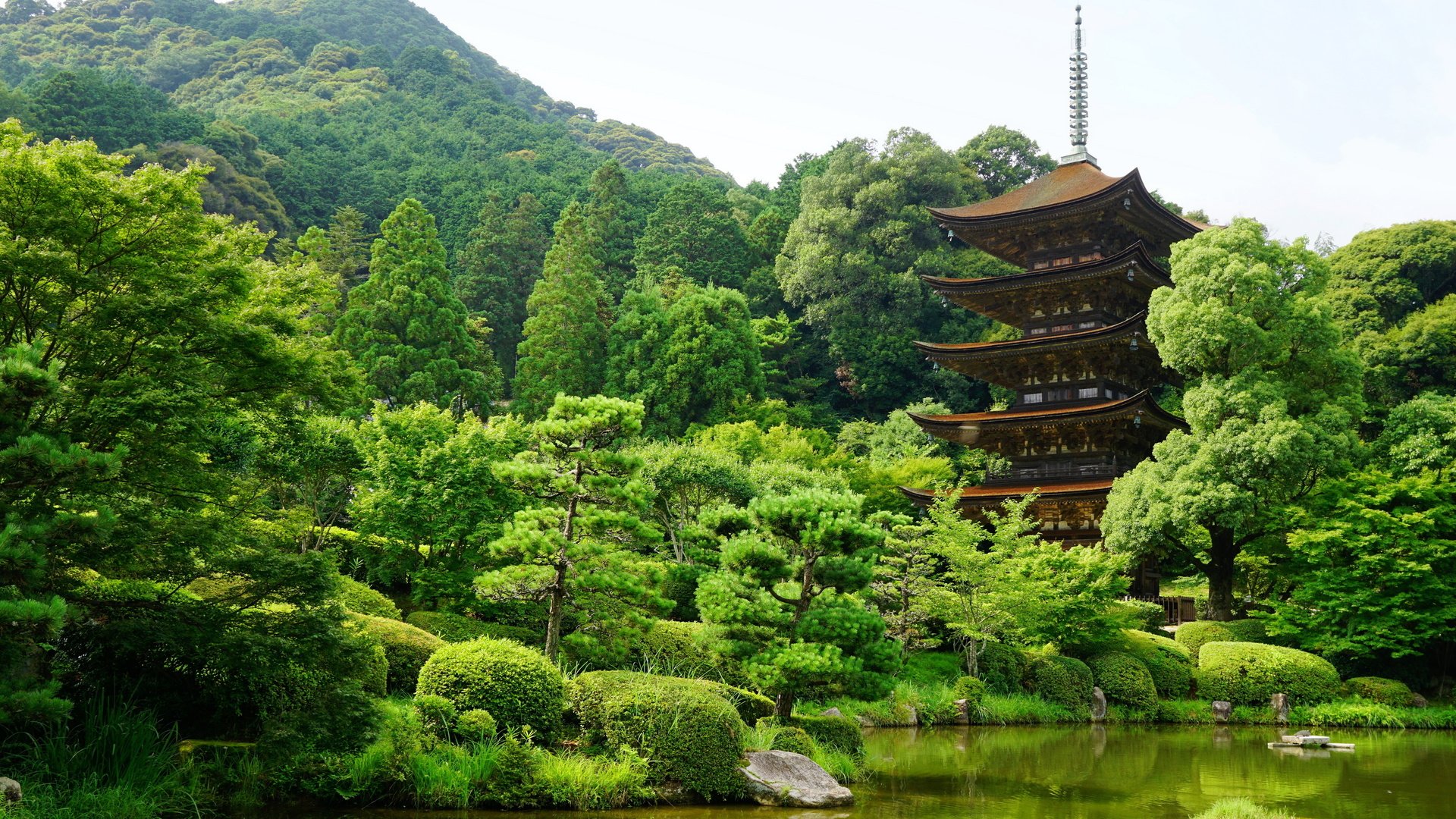 Обои деревья, горы, пагода, япония, пруд, ямагучи, trees, mountains, pagoda, japan, pond, yamaguchi разрешение 4800x3200 Загрузить