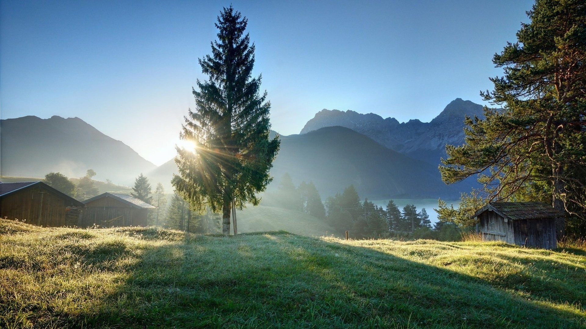 Обои небо, трава, деревья, горы, природа, домик, солнечный свет, the sky, grass, trees, mountains, nature, house, sunlight разрешение 2560x1440 Загрузить