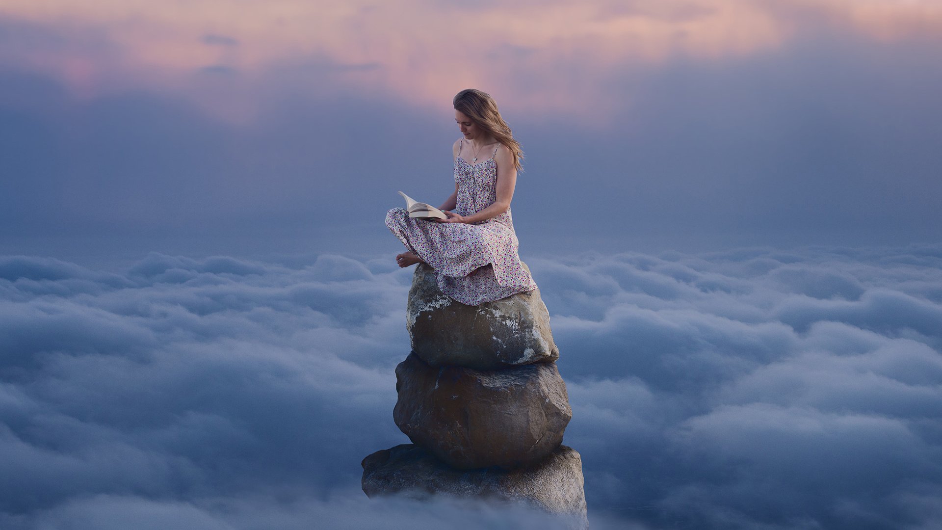 Обои облака, горы, камни, девушка, платье, книга, чтение, clouds, mountains, stones, girl, dress, book, reading разрешение 1920x1200 Загрузить