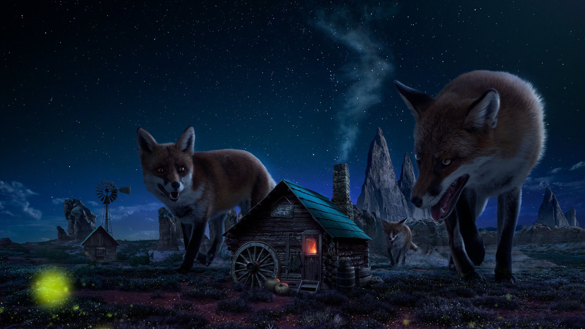 Обои небо, ночь, скалы, звезды, домик, лисы, великаны, the sky, night, rocks, stars, house, fox, the giants разрешение 2880x1800 Загрузить