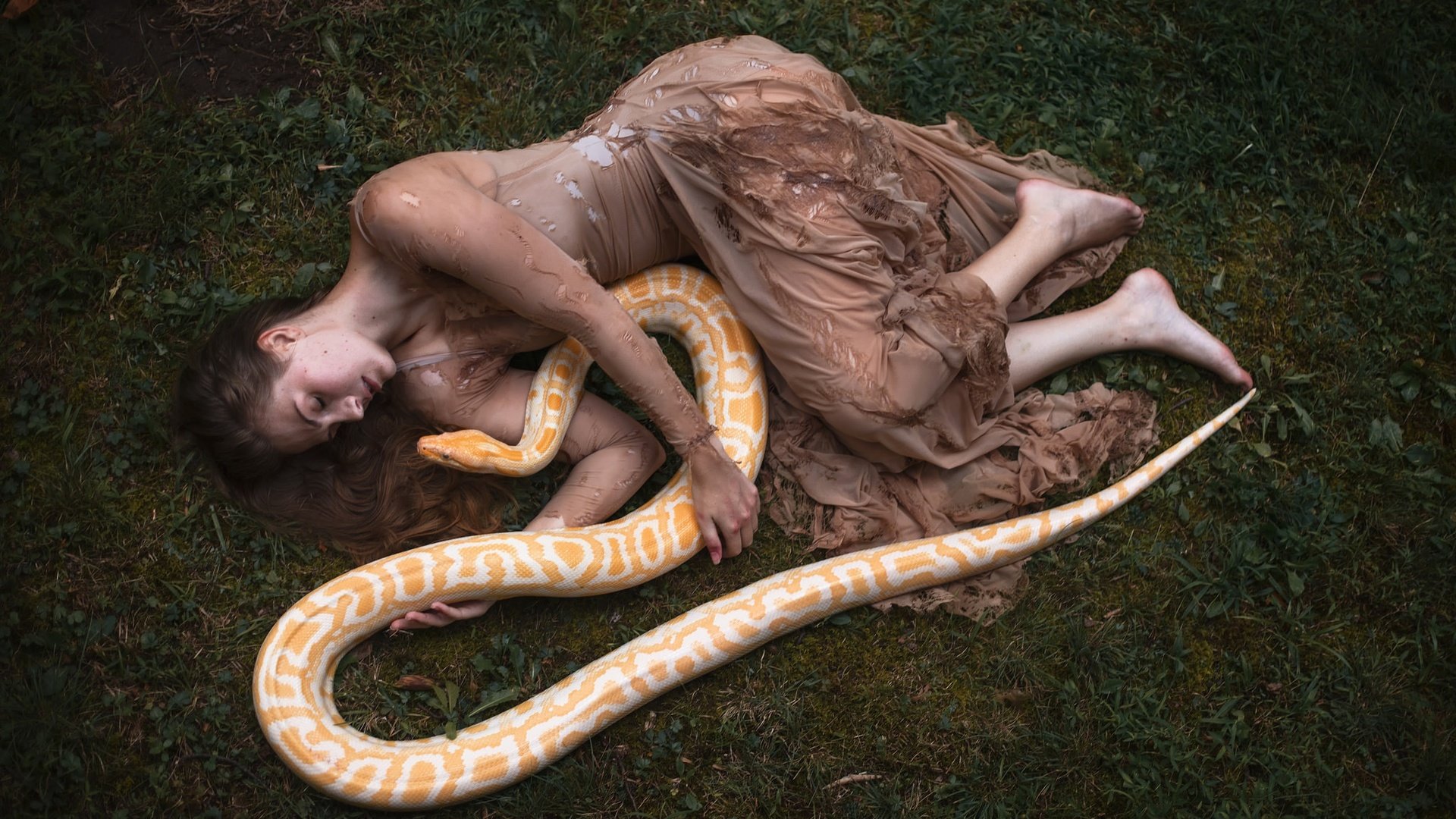 Обои девушка, платье, модель, змея, рептилия, закрытые глаза, aleah michele, girl, dress, model, snake, reptile, closed eyes разрешение 2048x1365 Загрузить