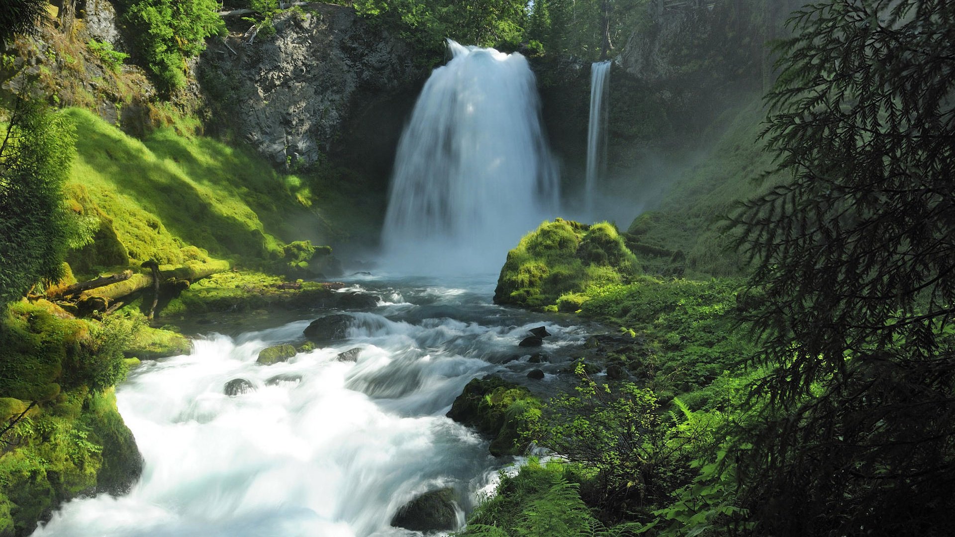 Обои река, природа, камни, скала, водопад, зеленьпейзаж, river, nature, stones, rock, waterfall разрешение 1920x1200 Загрузить