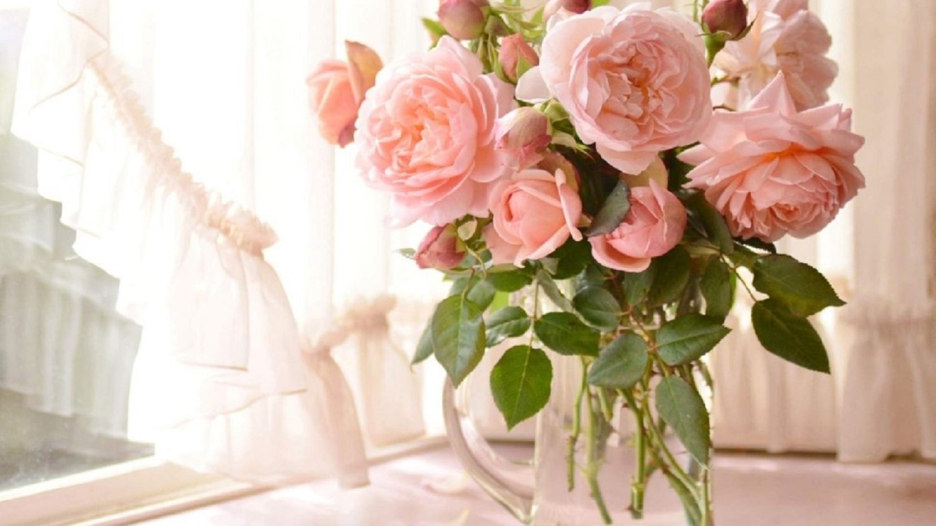 Обои цветы, розы, окно, ваза, штора, flowers, roses, window, vase, blind разрешение 1920x1520 Загрузить