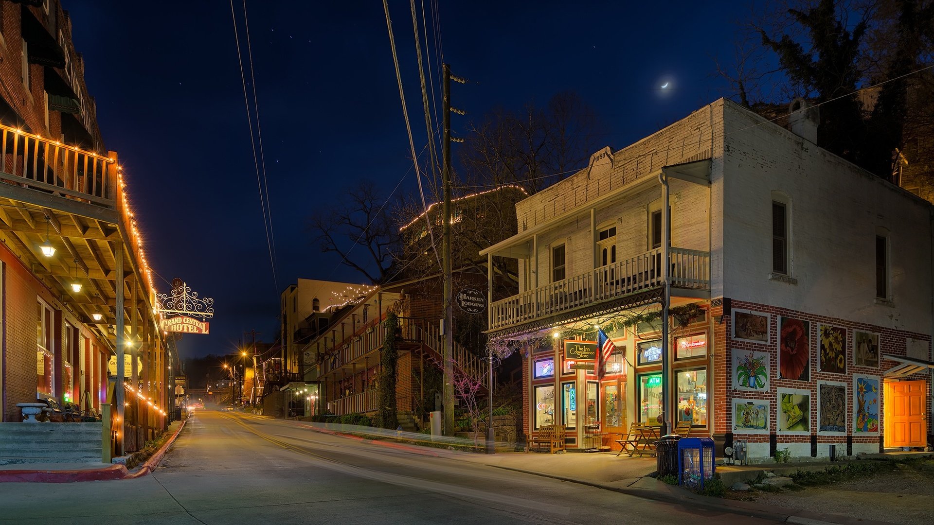 Обои дорога, ночь, огни, дома, улица, сша, арканзас, eureka springs, road, night, lights, home, street, usa, arkansas разрешение 2048x1152 Загрузить