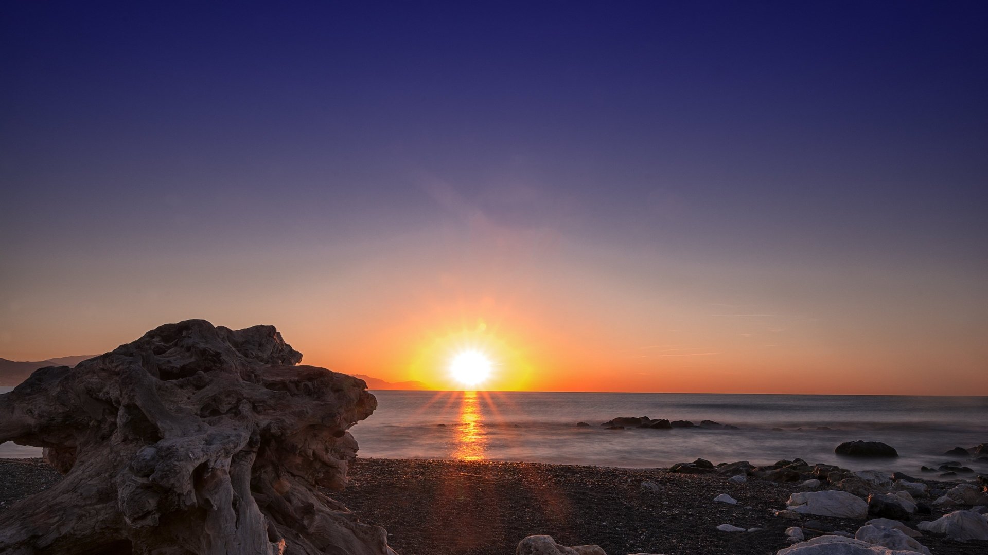 Обои камни, берег, закат, море, горизонт, рассвет, stones, shore, sunset, sea, horizon, dawn разрешение 3840x2160 Загрузить