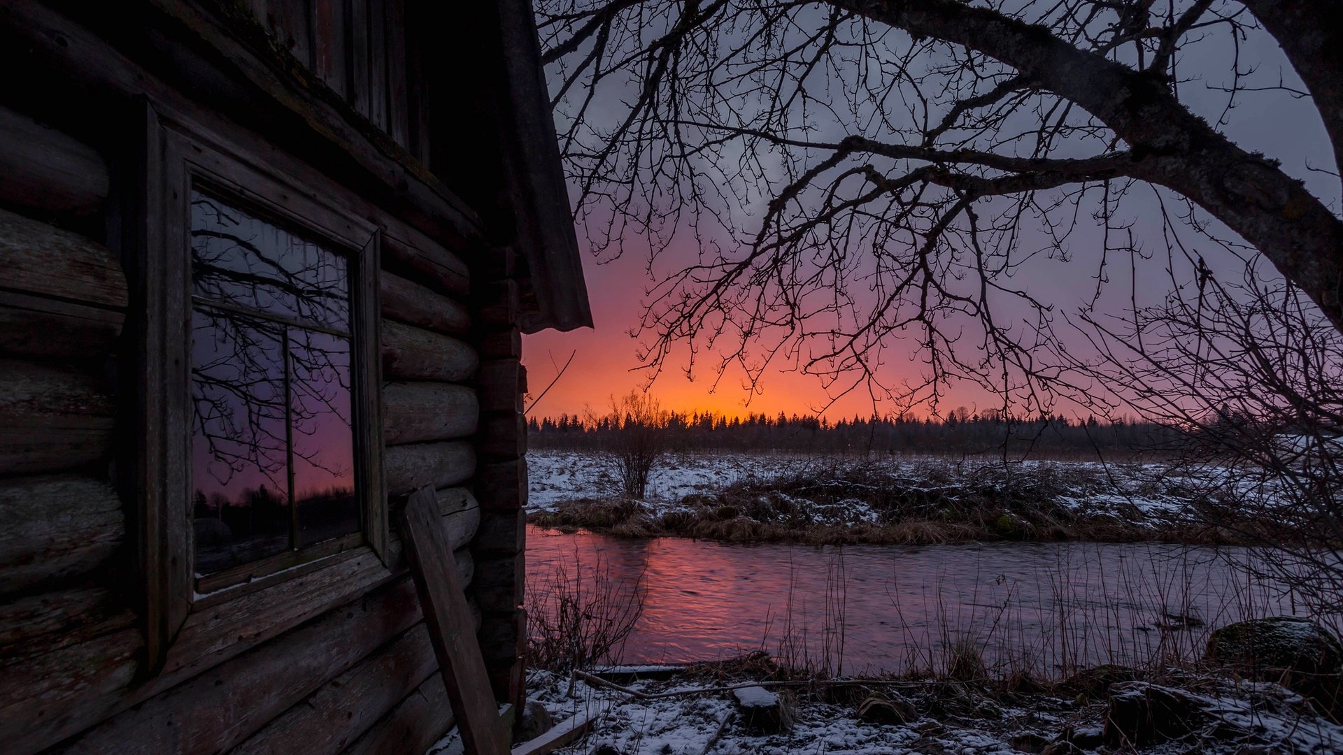 Обои деревья, вода, природа, закат, зима, пейзаж, дом, trees, water, nature, sunset, winter, landscape, house разрешение 2200x1442 Загрузить