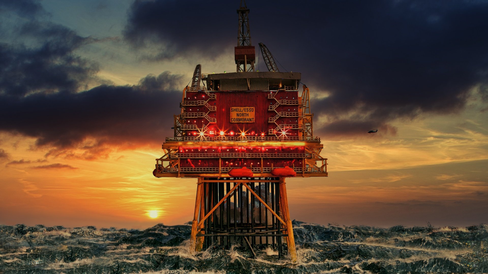 Обои закат, море, шторм, платформа, северное море, sunset, sea, storm, platform, north sea разрешение 6802x4382 Загрузить