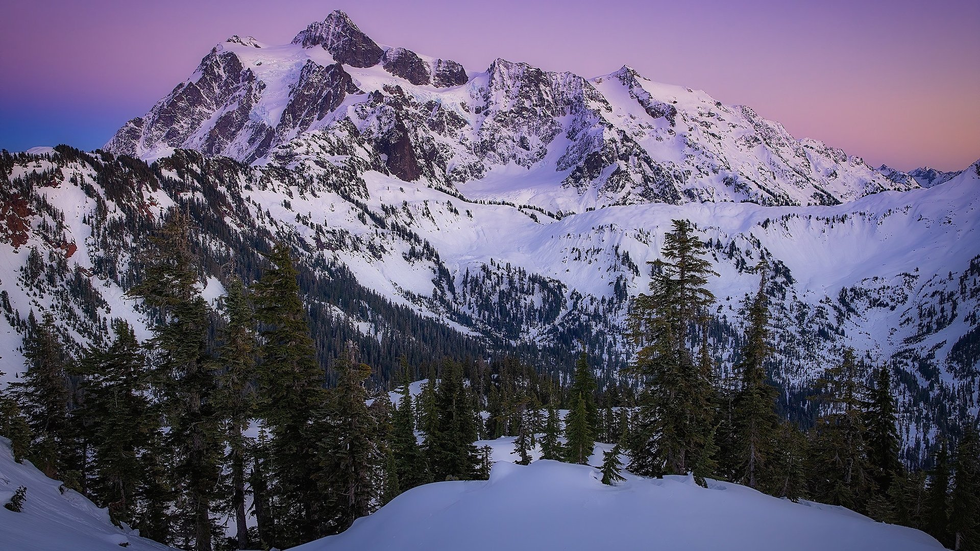 Обои деревья, горы, снег, закат, каскадные горы, штате вашингтон, cascade range, гора шуксан, trees, mountains, snow, sunset, the cascade mountains, washington state, mountain shuksan разрешение 2000x1334 Загрузить