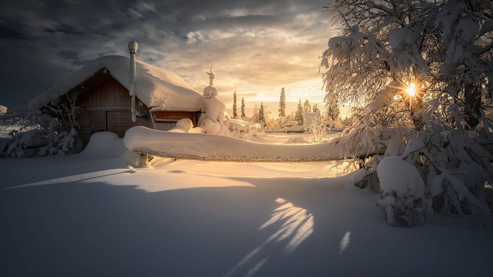 Обои деревья, тени, солнце, снег, природа, зима, лучи, пейзаж, дом, trees, shadows, the sun, snow, nature, winter, rays, landscape, house разрешение 2000x1333 Загрузить