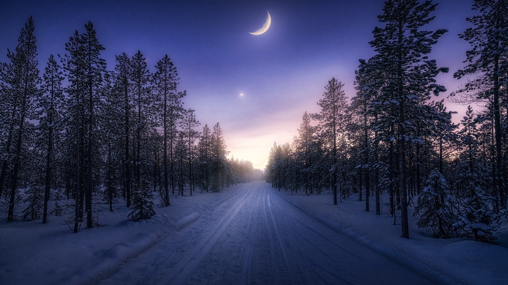 Обои дорога, зима, луна, road, winter, the moon разрешение 3840x2160 Загрузить