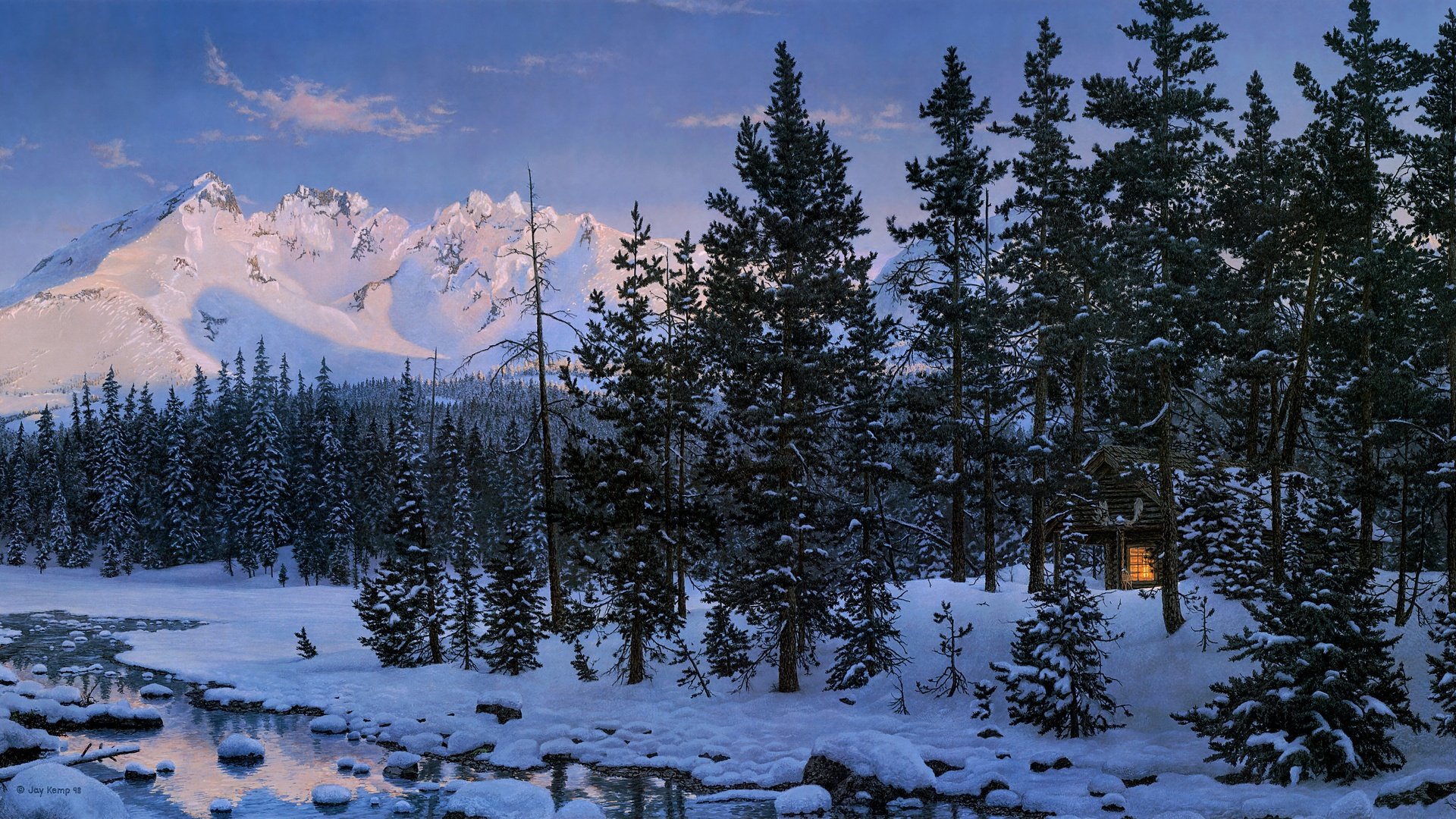 Обои лес, зима, домик, избушка, forest, winter, house, hut разрешение 4482x2177 Загрузить