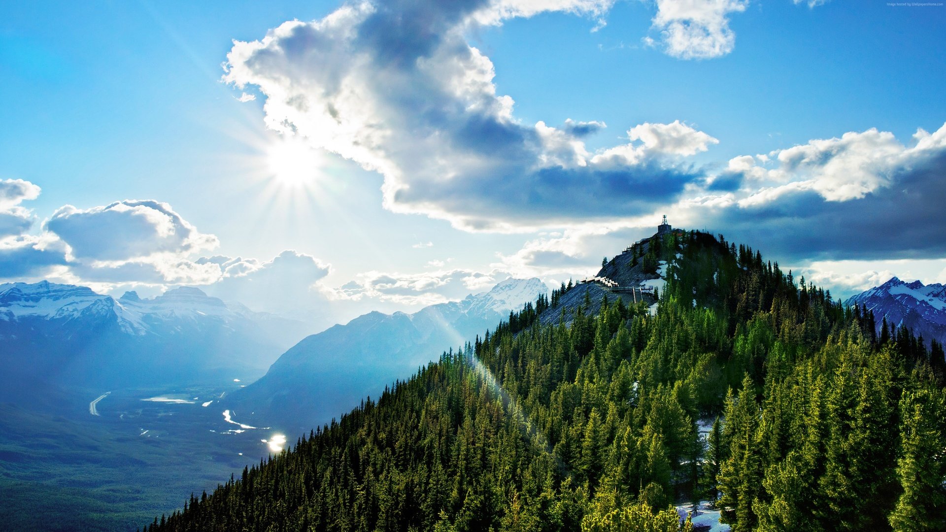 Обои небо, sulphur mountain, гора салфер, природа, лес, пейзаж, гора, высота, канада, национальный парк банф, the sky, nature, forest, landscape, mountain, height, canada, banff national park разрешение 3840x2160 Загрузить