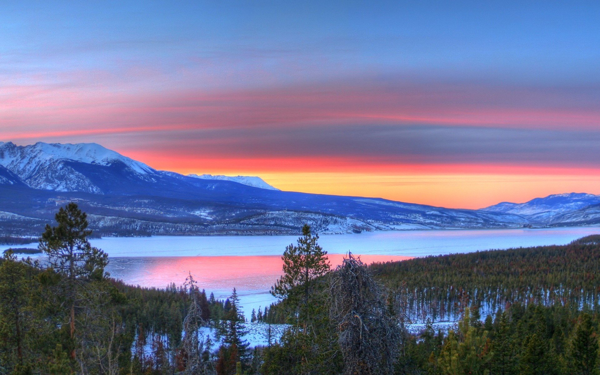 Обои озеро, закат, зима, lake, sunset, winter разрешение 3200x1200 Загрузить