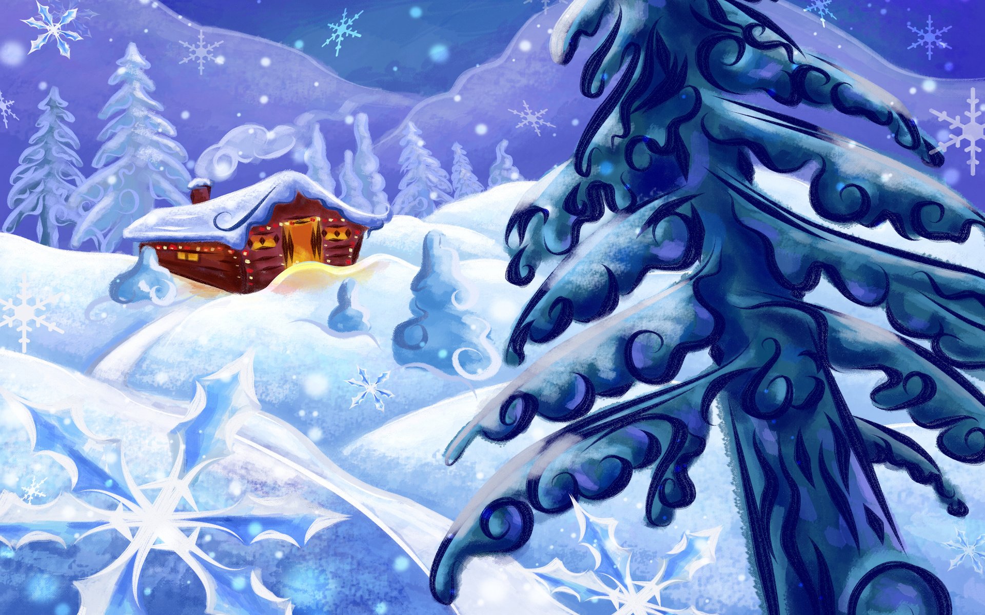 Обои рисунок, снег, елка, зима, дом, figure, snow, tree, winter, house разрешение 2560x1670 Загрузить