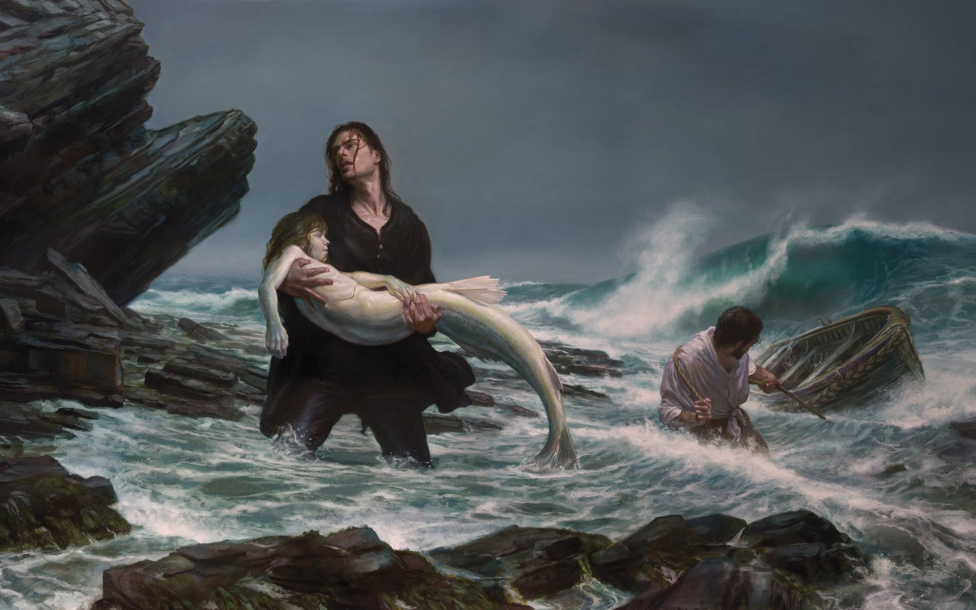 Обои картина, море, шторм, donato giancola, рыбаки, русалка, picture, sea, storm, fishermen, mermaid разрешение 4167x2500 Загрузить