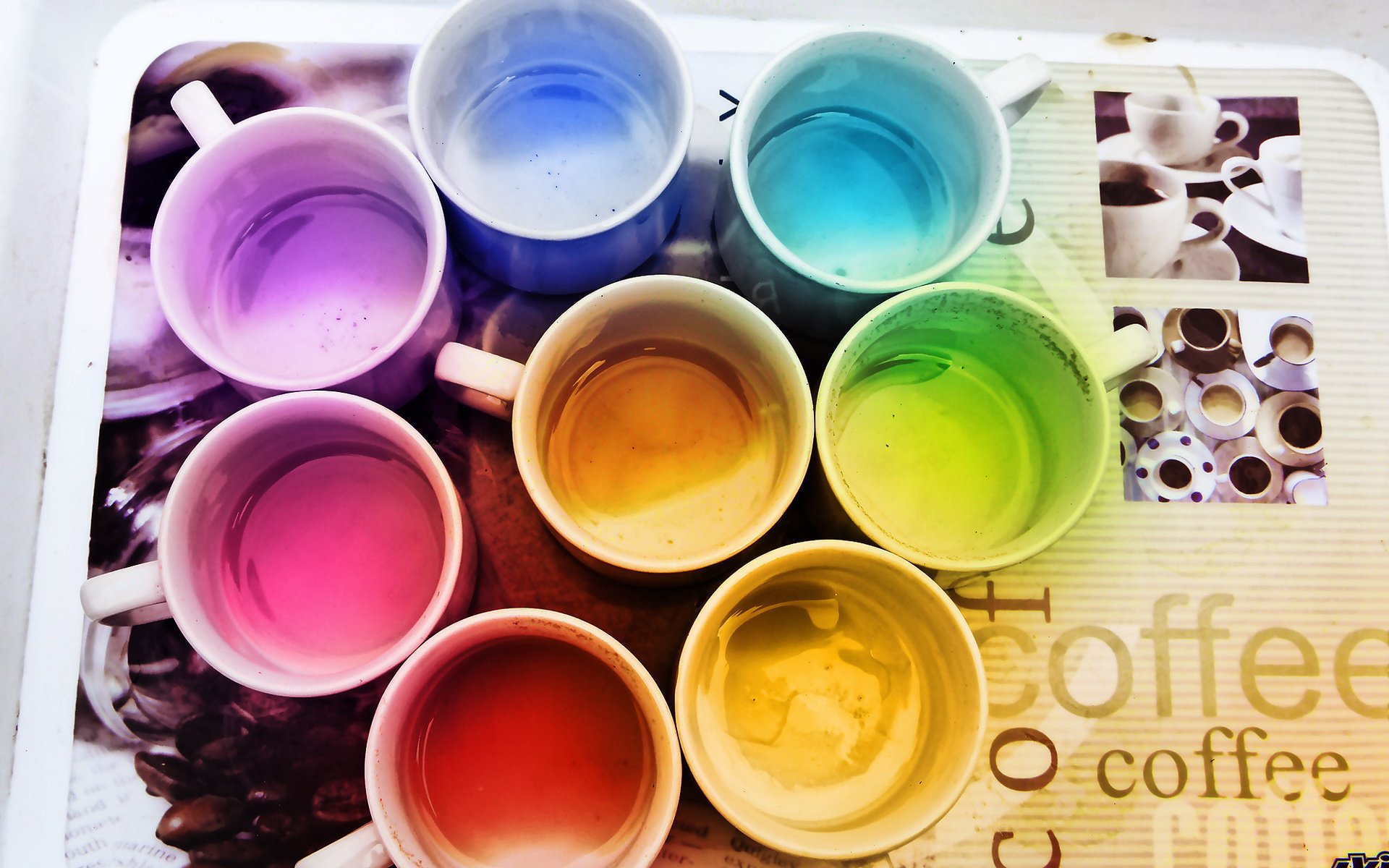 Обои цвета, кофе, радуга, кружки, поднос, color, coffee, rainbow, mugs, tray разрешение 2000x1536 Загрузить