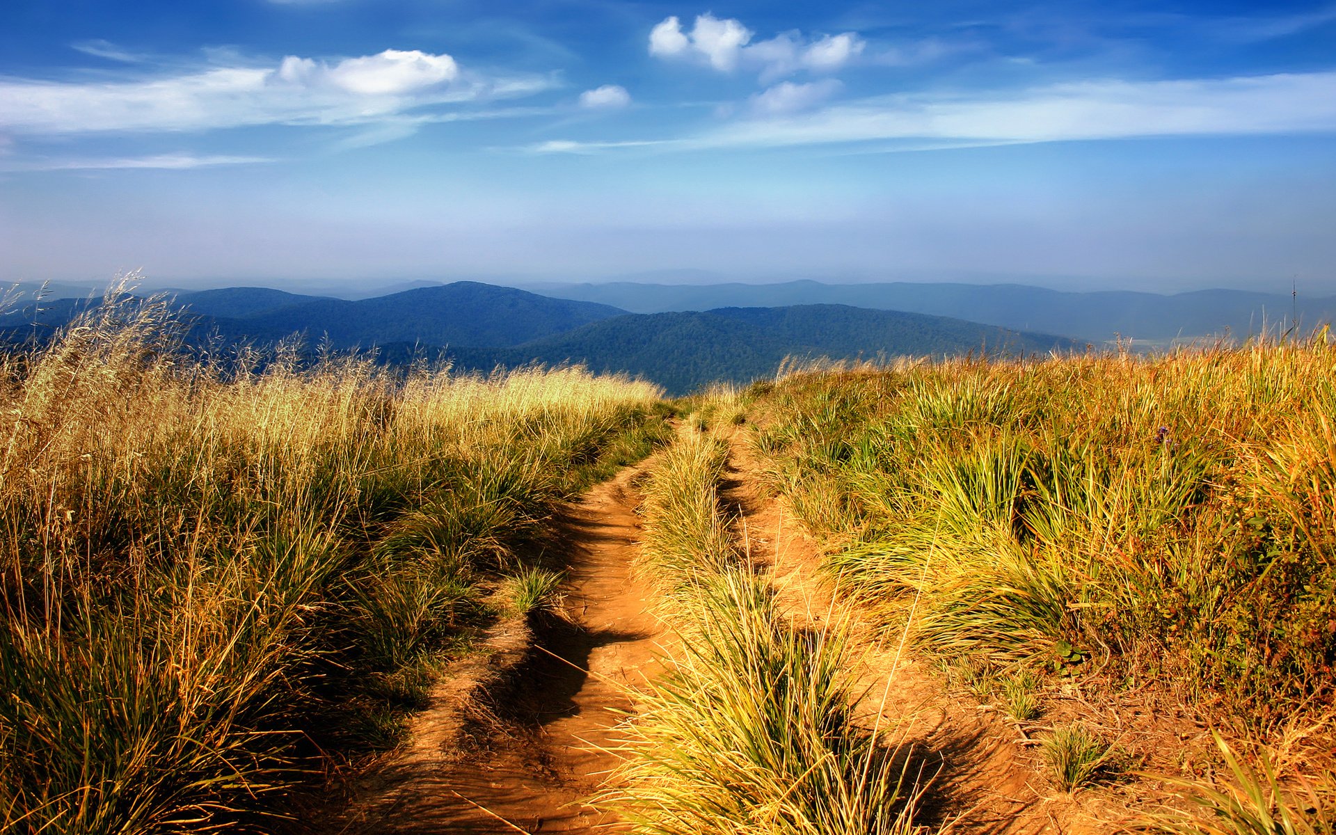 Обои небо, трава, горы, холмы, природа, пейзаж, пейзажи, slopes, автодорога, road, the sky, grass, mountains, hills, nature, landscape, landscapes разрешение 2560x1600 Загрузить