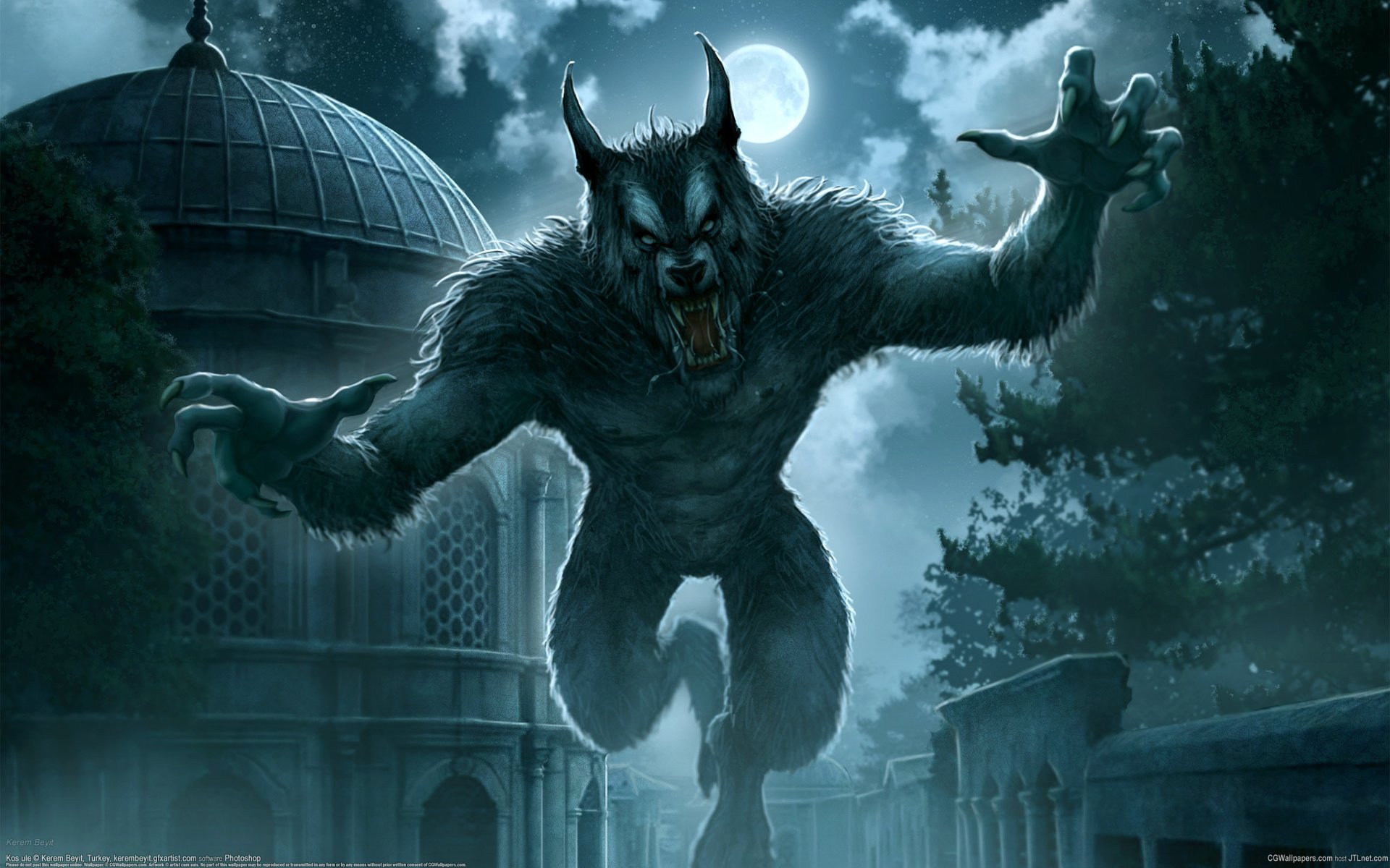 Обои ночь, фентези, город, kerem beyit, оборотень, полнолуние, - kos ule, night, fantasy, the city, werewolf, the full moon, kos ule разрешение 2560x1600 Загрузить