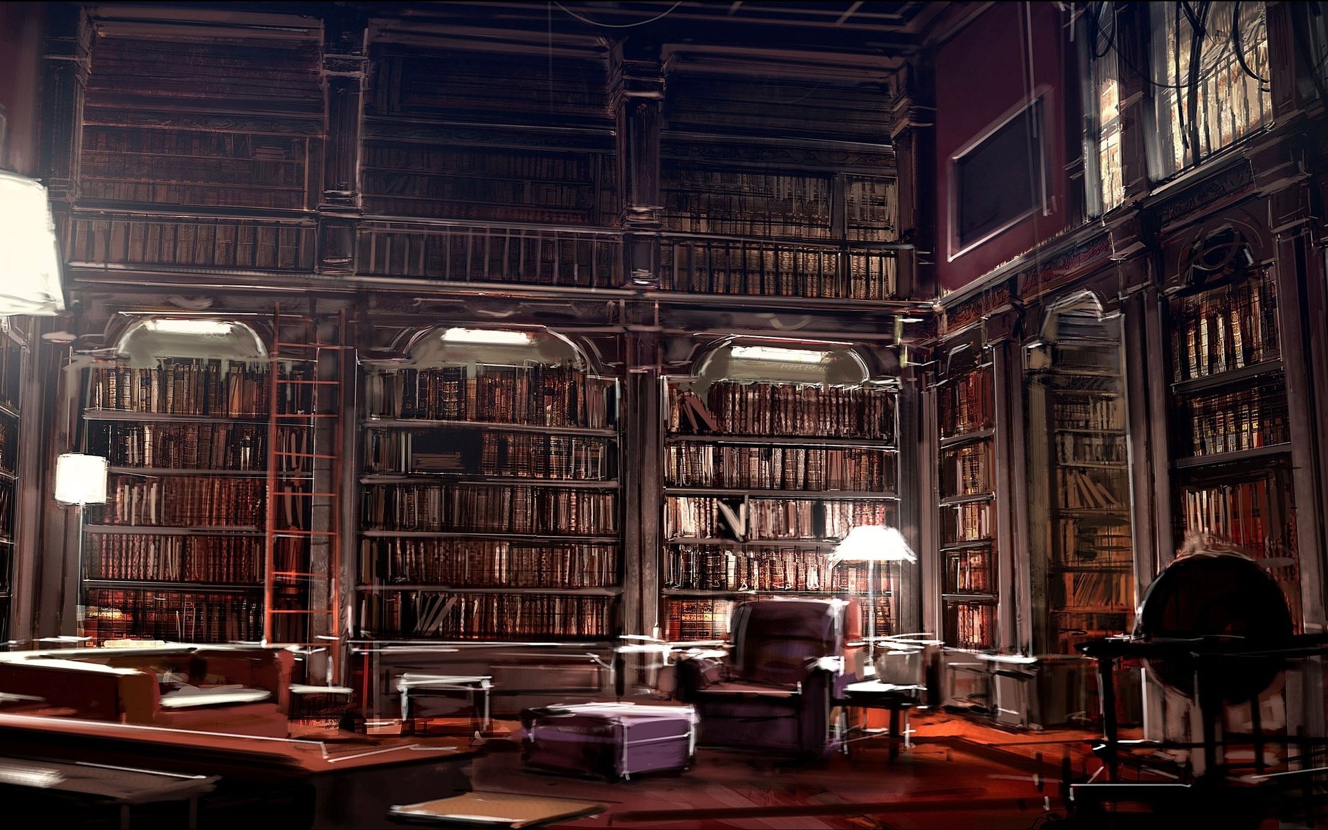 Обои интерьер, библиотека, kafka library, by gryphart, interior, library разрешение 3504x1664 Загрузить