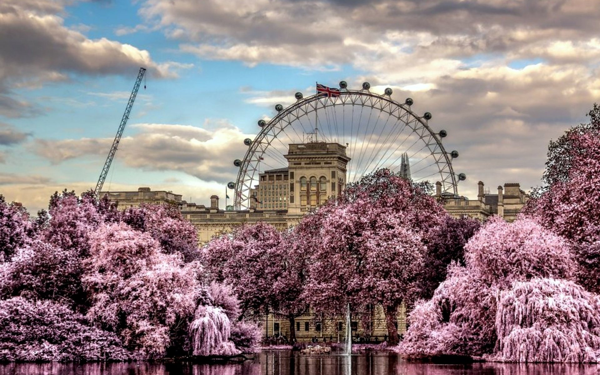 Обои цветы, облака, деревья, колесо обозрения, весна, красиво, flowers, clouds, trees, ferris wheel, spring, beautiful разрешение 2000x1333 Загрузить