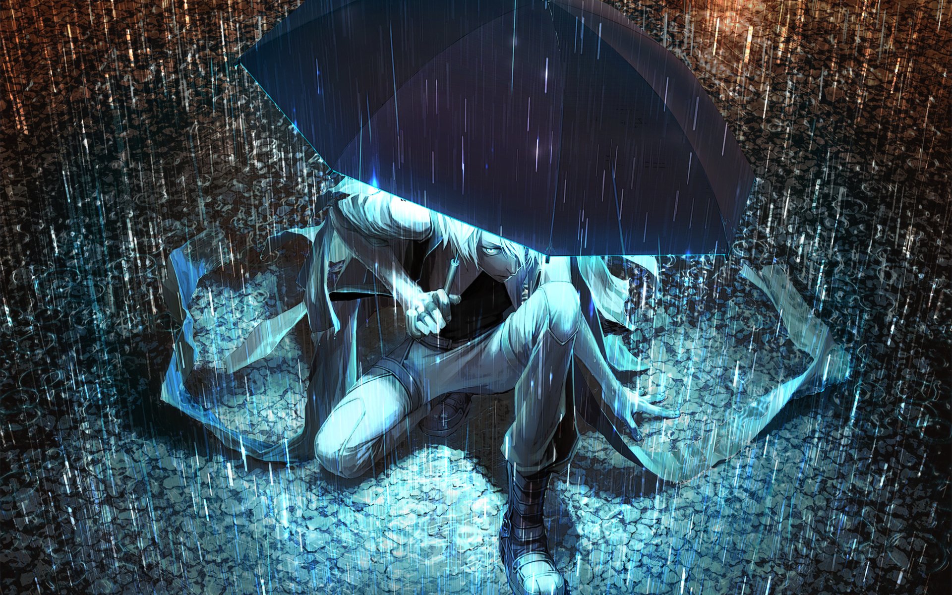 Парень с зонтом под дождем арт