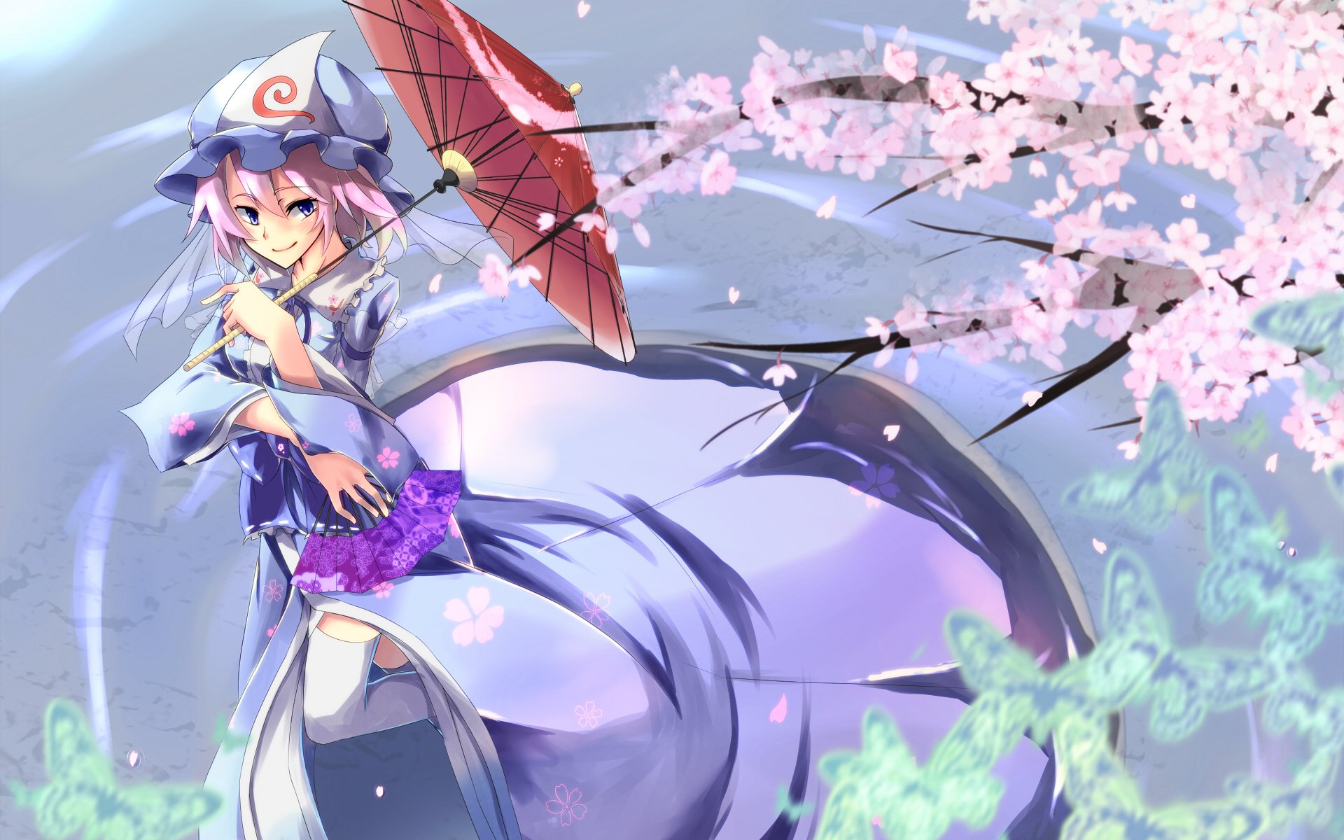 Обои девушка, сакура, saigyouji yuyuko, zont, дощечка, тохо, girl, sakura, plate, touhou разрешение 1920x1357 Загрузить