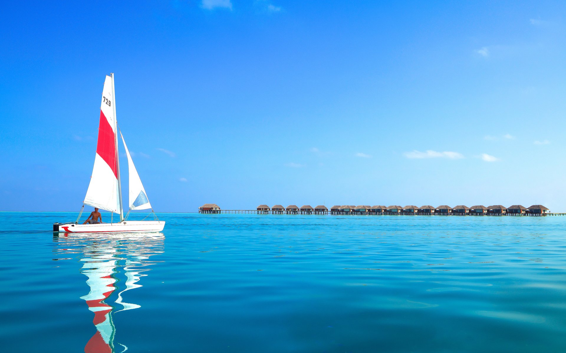 Обои море, яхта, бунгало, тропики, мальдивы, sea, yacht, bungalow, tropics, the maldives разрешение 5616x3744 Загрузить