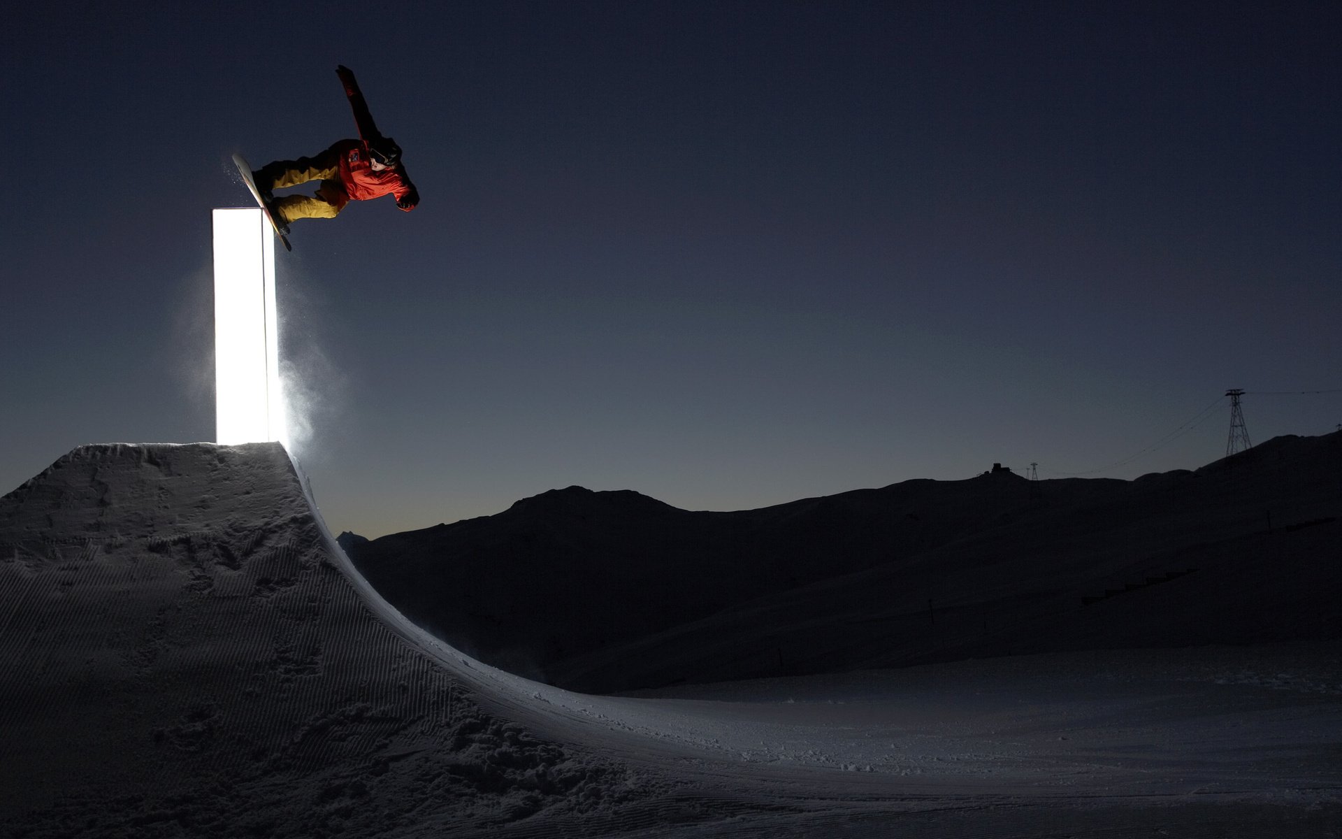 Обои свет, ночь, сноуборд, cноуборд, трамплин, light, night, snowboard, jump разрешение 2560x1600 Загрузить