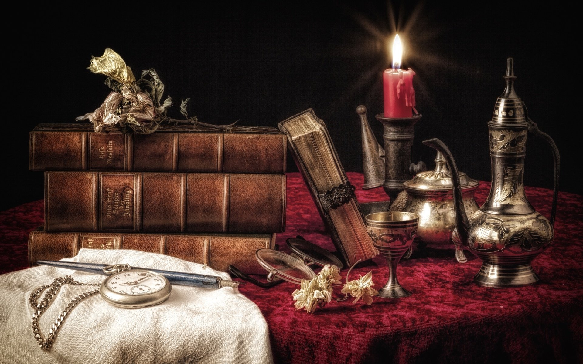 Обои книги, часы, посуда, свеча, натюрморт, books, watch, dishes, candle, still life разрешение 2700x1800 Загрузить