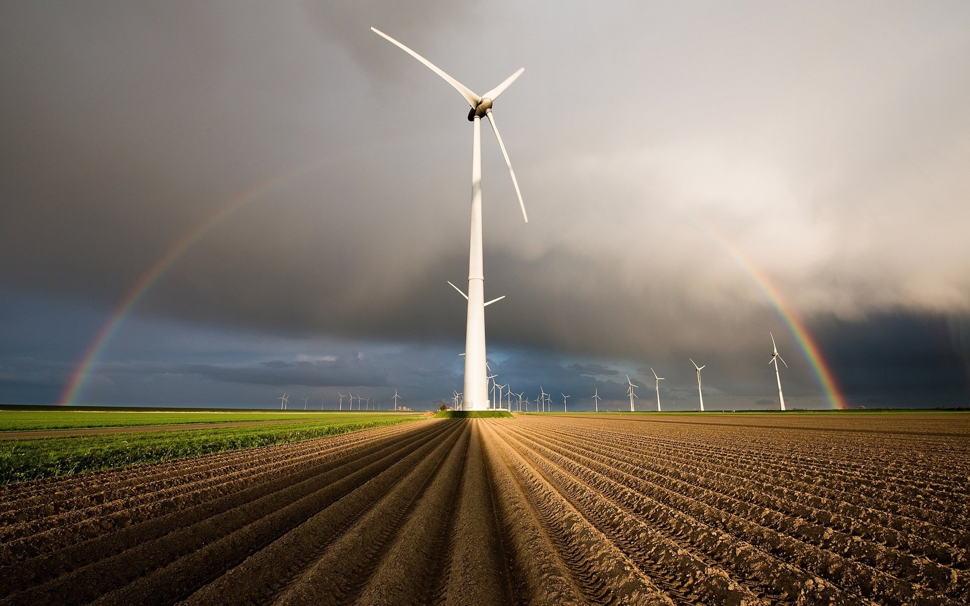 Обои поля, радуга, нидерланды, голландия, ветряные генераторы, field, rainbow, netherlands, holland, wind generators разрешение 2048x1367 Загрузить