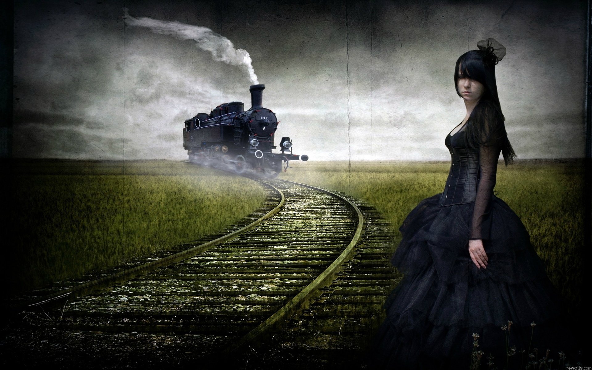 Обои дорога, девушка, картина, фантастика, поезд, road, girl, picture, fiction, train разрешение 2560x1600 Загрузить