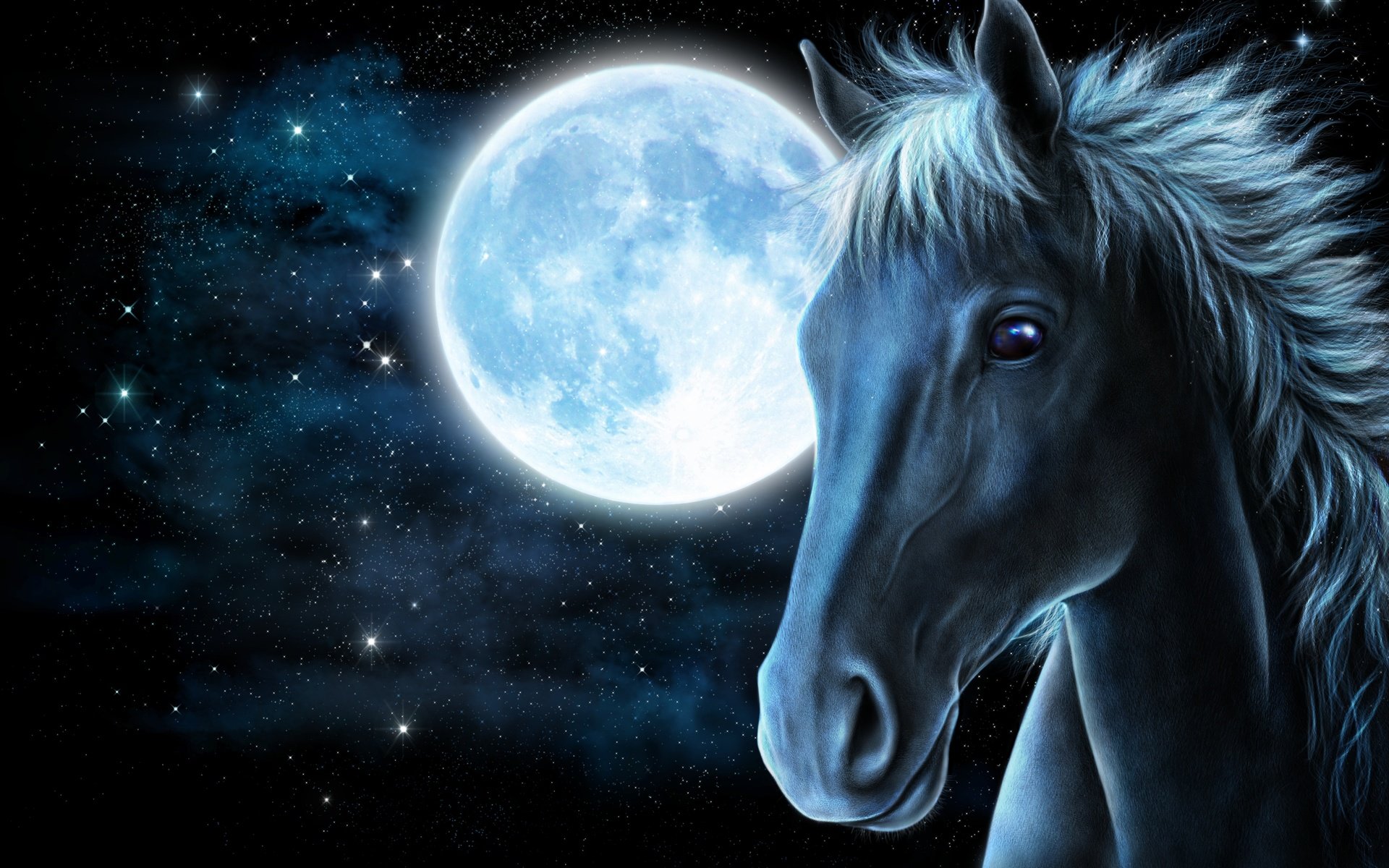 Обои конь, морда, свет, арт, лошадь, ночь, звезды, луна, рендеринг, face, light, art, horse, night, stars, the moon, rendering разрешение 3000x2000 Загрузить