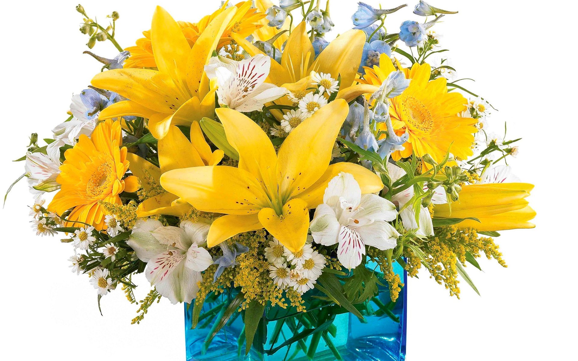 Обои ромашки, букет, ваза, лилии, chamomile, bouquet, vase, lily разрешение 1920x1400 Загрузить