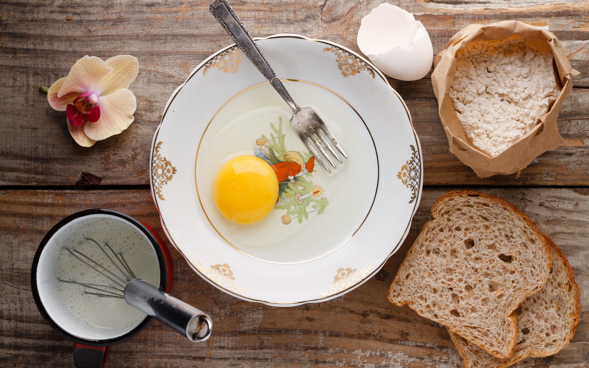 Обои вилка, хлеб, яйца, молоко, мука, plug, bread, eggs, milk, flour разрешение 2048x1365 Загрузить