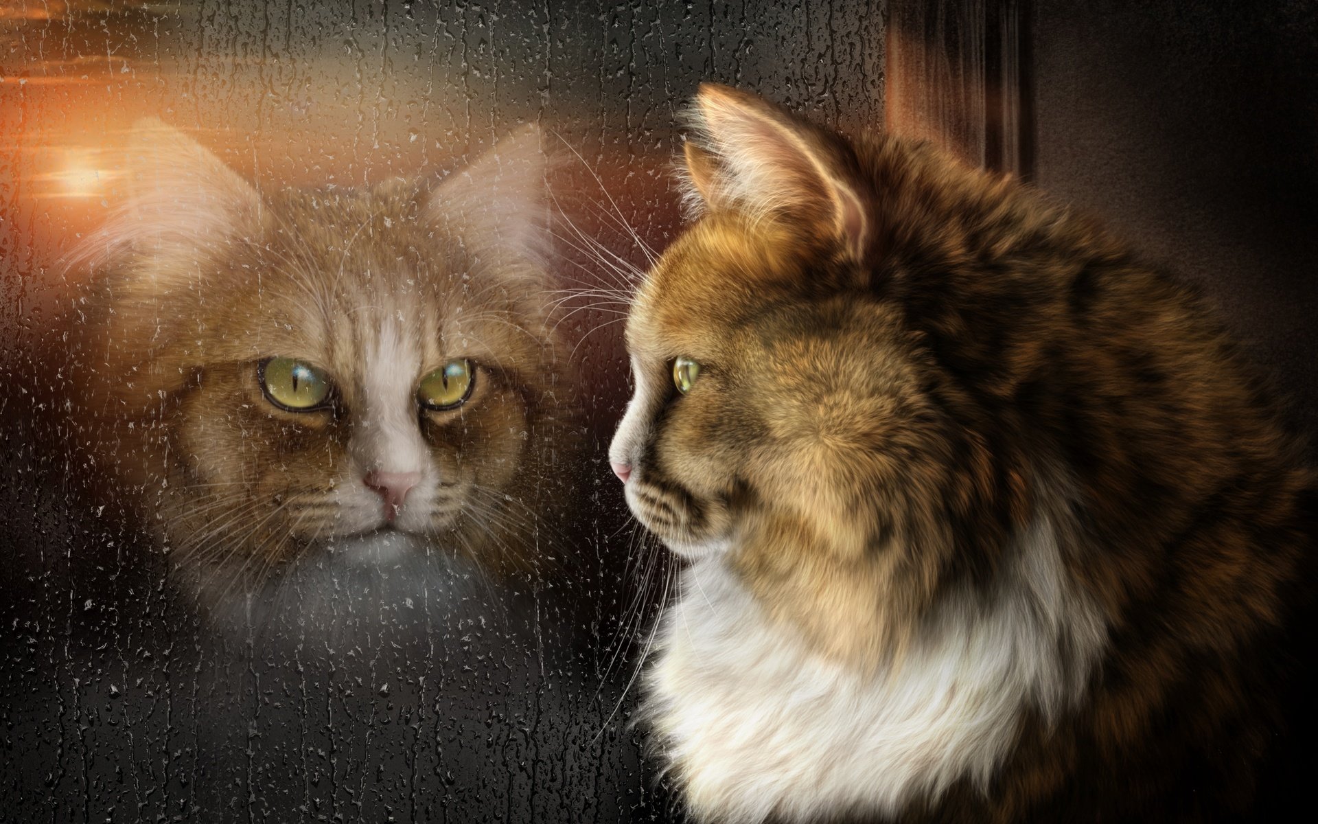 Обои арт, отражение, кот, мордочка, капли, кошка, взгляд, окно, стекло, glass, art, reflection, cat, muzzle, drops, look, window разрешение 3817x2332 Загрузить