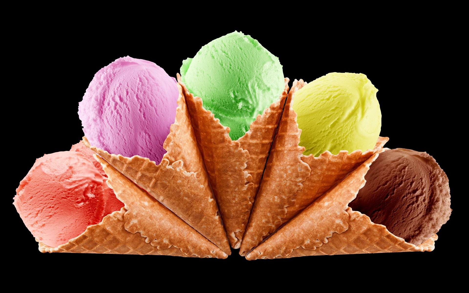 Обои мороженое, цвет, рожок, десерт, вафли, ice cream, color, horn, dessert, waffles разрешение 5350x3672 Загрузить