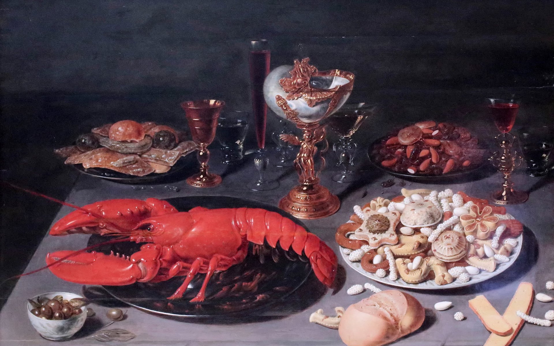 Обои картина, osias beert, натюрморт ас homard, натюрморт с омаром, 1624, брюссель, picture, still life au homard, still life with lobster, brussels разрешение 3530x2332 Загрузить