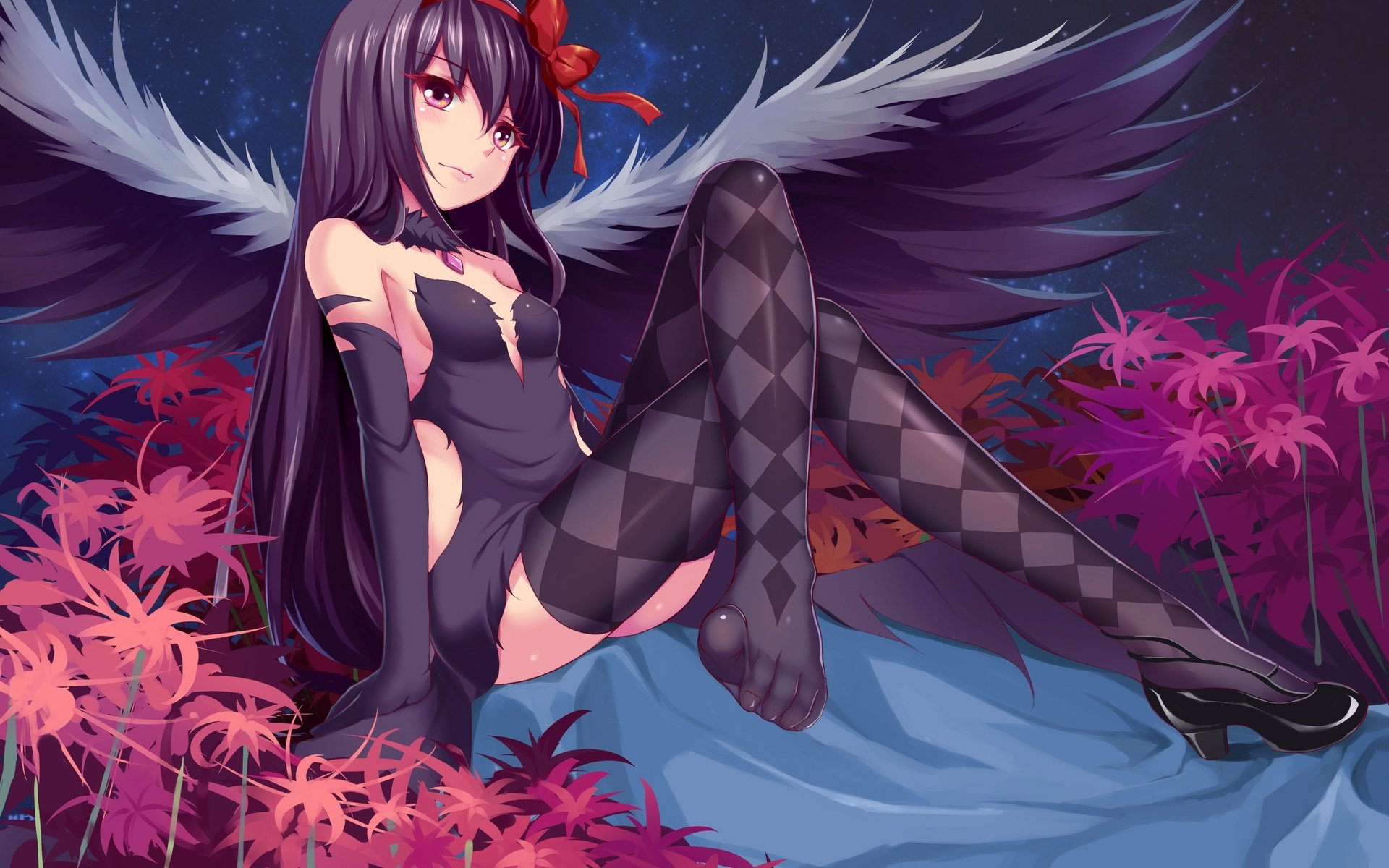 Обои девушка, взгляд, крылья, чулки, akemi homura, mahou shoujo madoka magica, girl, look, wings, stockings разрешение 3507x2480 Загрузить