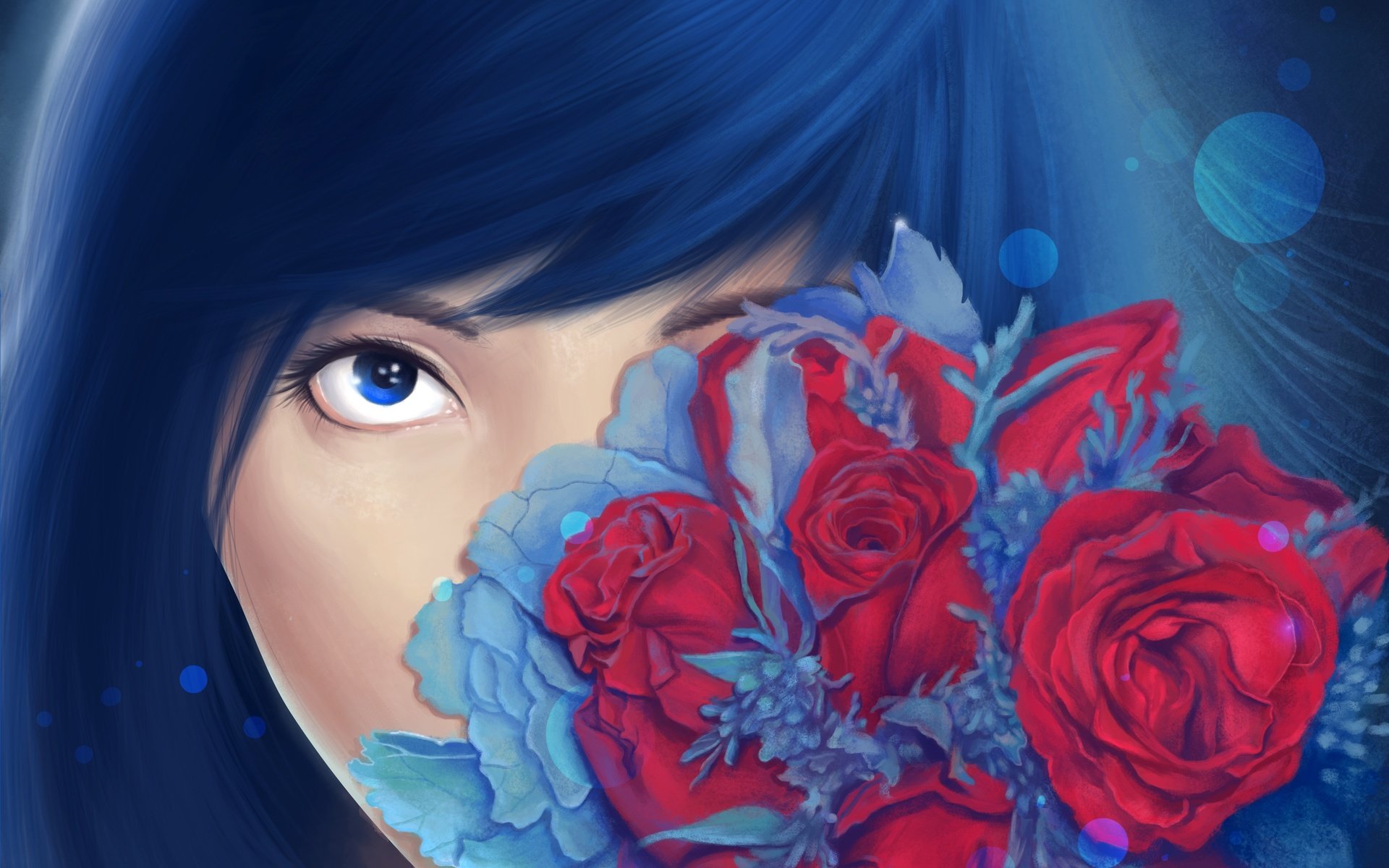 Обои цветы, арт, розы, взгляд, букет, лицо, живопись, девушка. синие волосы, flowers, art, roses, look, bouquet, face, painting, girl. blue hair разрешение 3996x2759 Загрузить